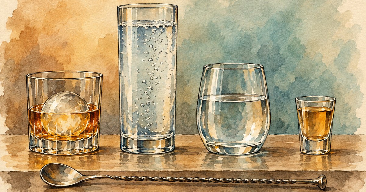 水彩で描かれた、丸い氷入りのロックグラス、泡の立つ背の高いグラス、水の入ったグラス、小さなショットグラスと、バースプーン