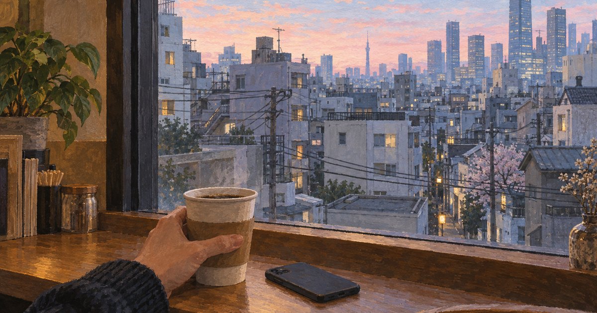 淡いオレンジ色の空を背景に新宿の街並みが広がる、窓際の席。手前にコーヒーのカップとスマートフォン