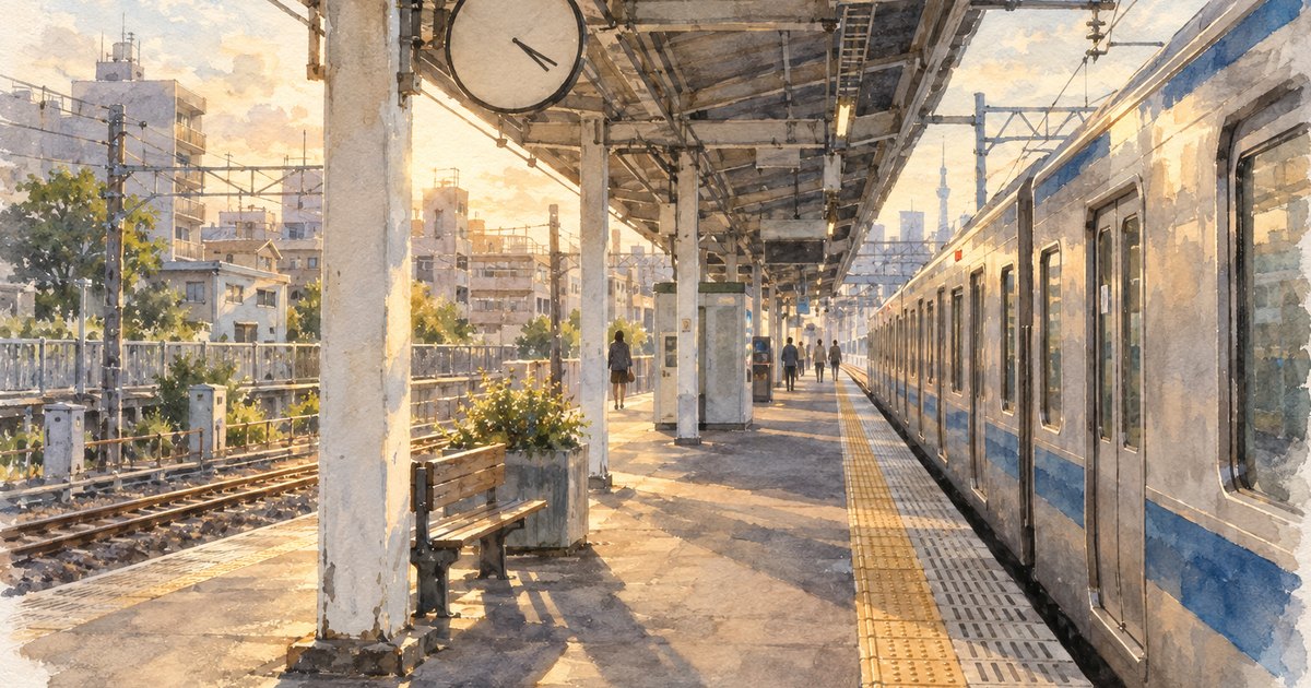 夕暮れの光が差す駅のホーム。柱の時計と、青い帯の電車が停まっている