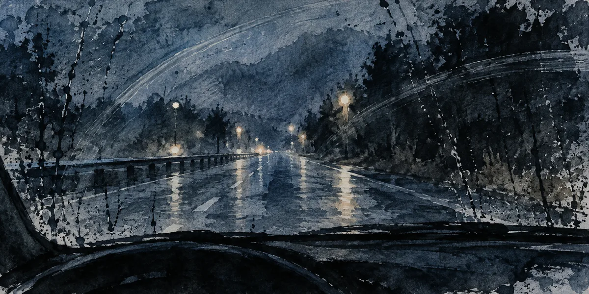 雨に濡れたフロントガラス越しに夜の道とにじむ灯りを描いた墨と藍のにじみ絵